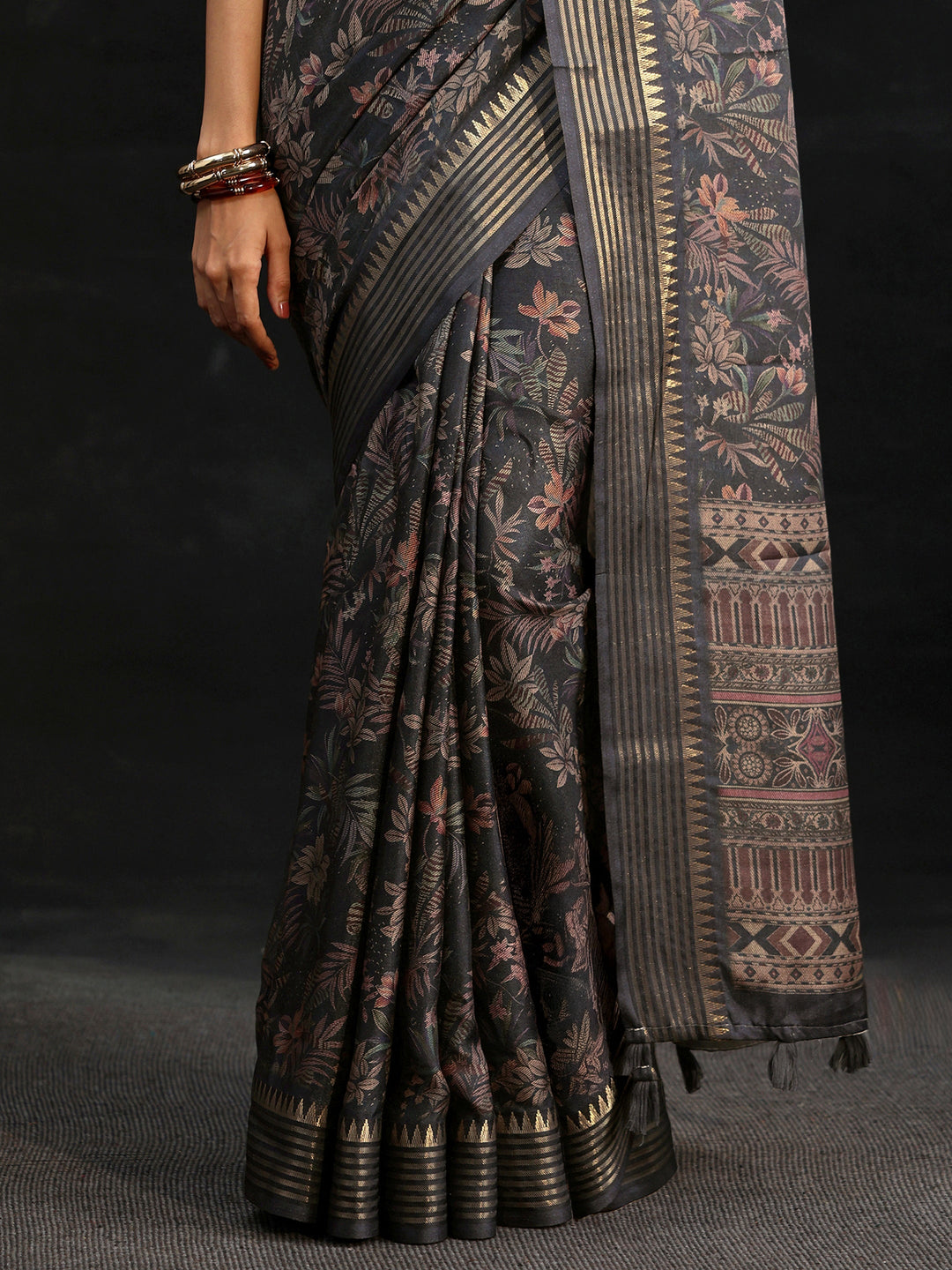 Libas Midnight Blue Floral Woven Design Silk Blend Saree