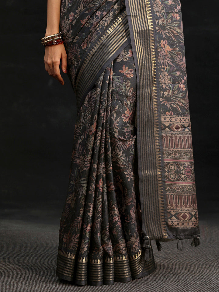 Libas Midnight Blue Floral Woven Design Silk Blend Saree