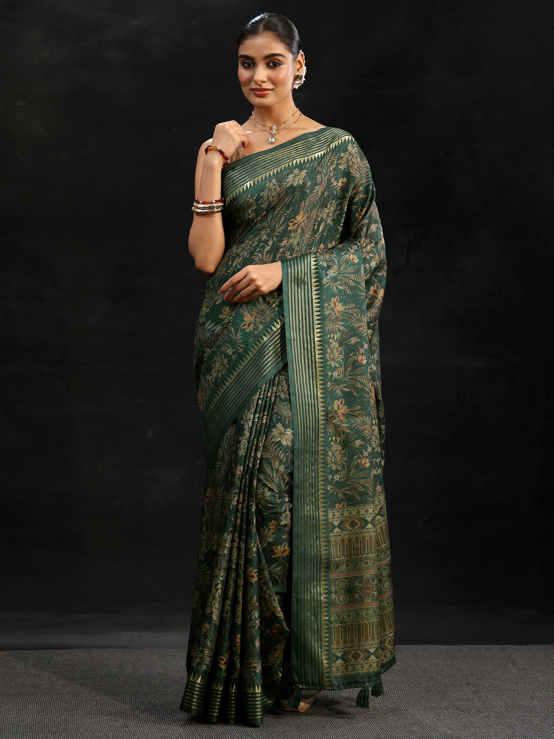Libas Green Floral Woven Design Silk Blend Saree