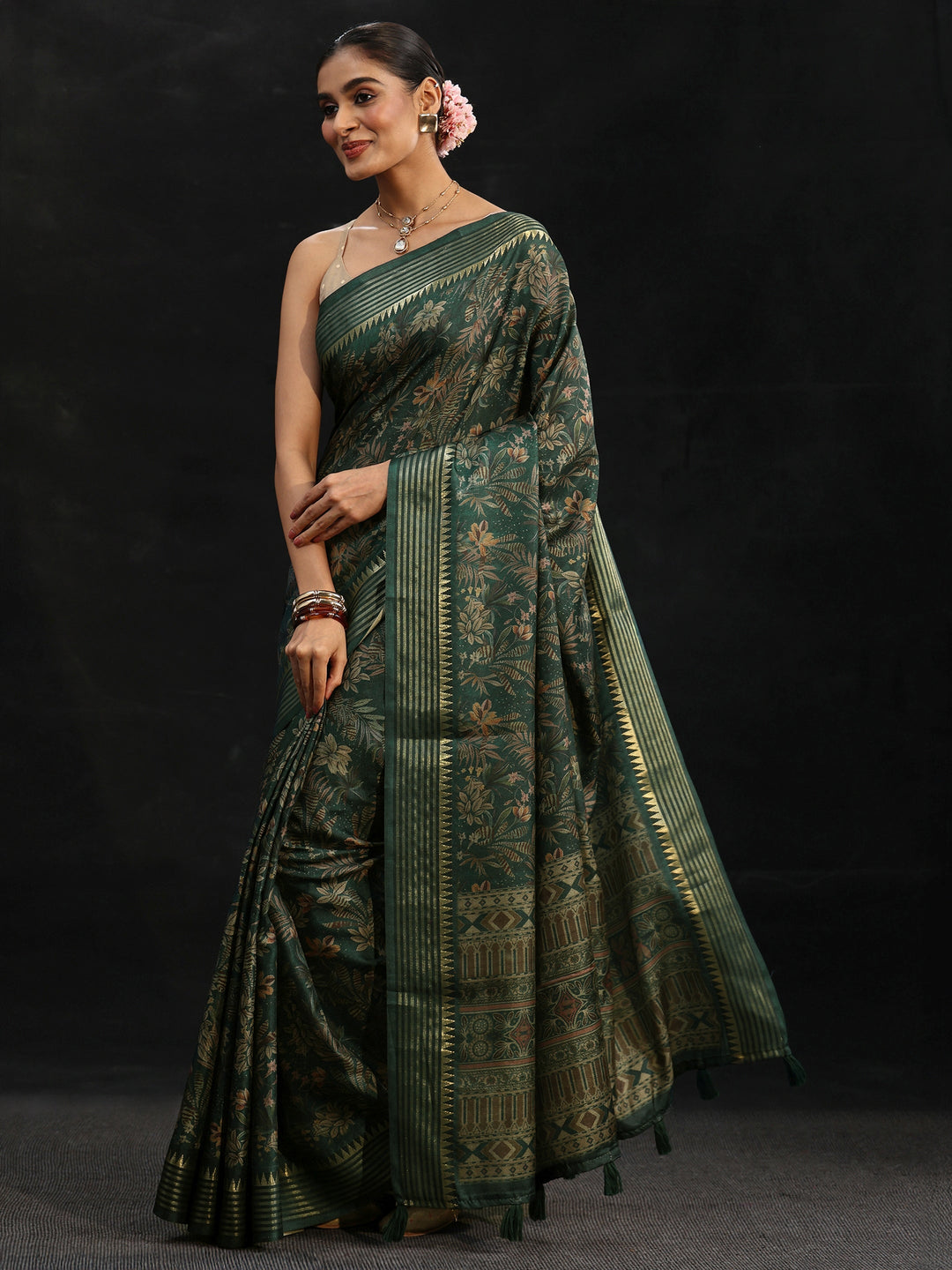 Libas Green Floral Woven Design Silk Blend Saree