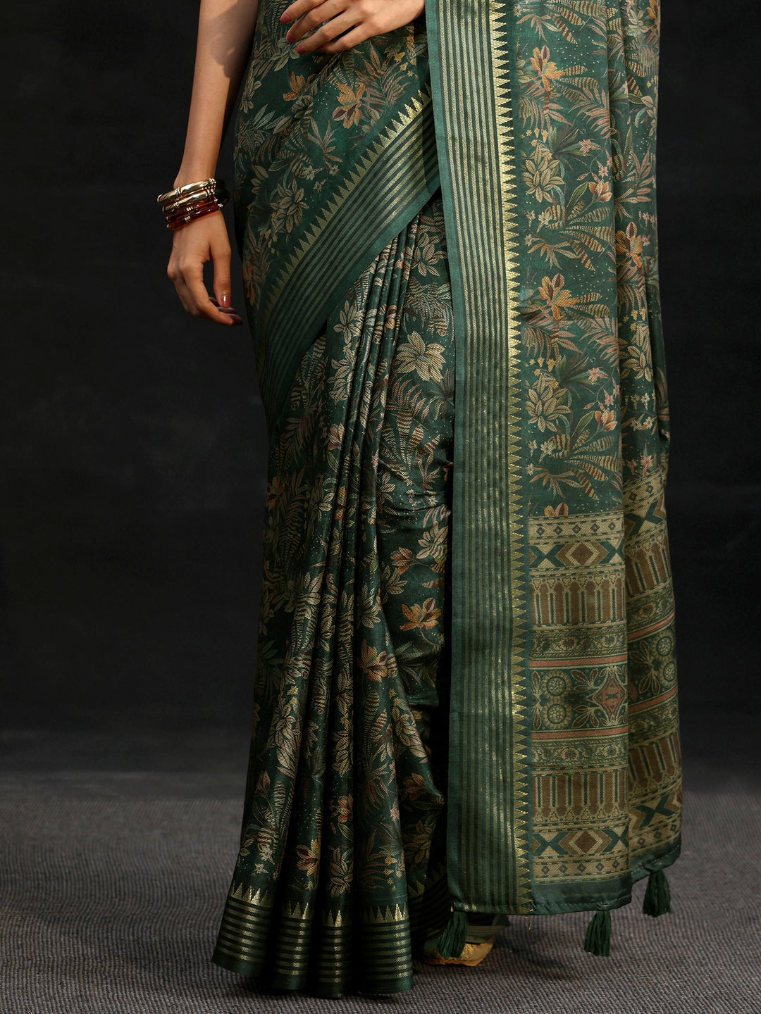 Libas Green Floral Woven Design Silk Blend Saree