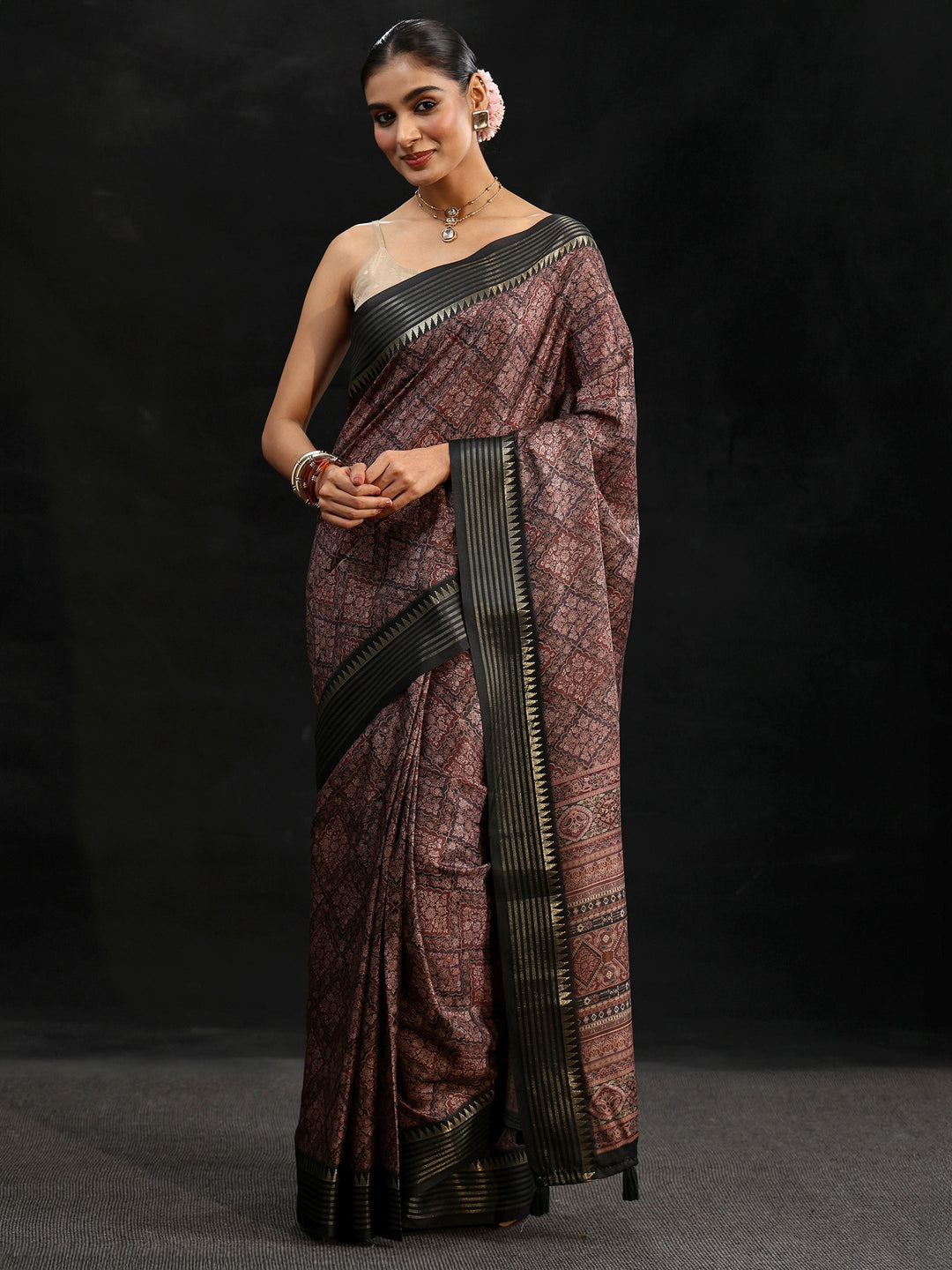 Libas Black Floral Foil Printed Silk Blend Saree