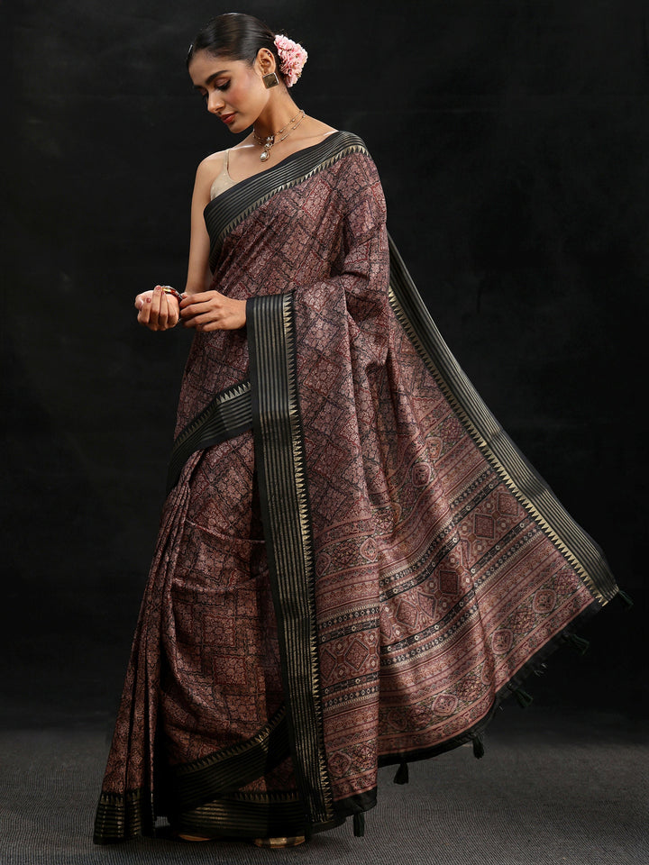 Libas Black Floral Foil Printed Silk Blend Saree