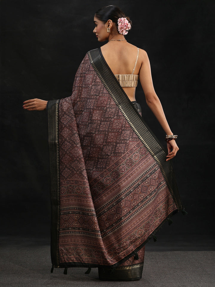 Libas Black Floral Foil Printed Silk Blend Saree
