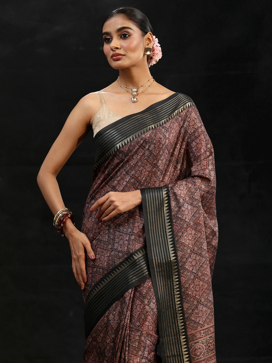 Libas Black Floral Foil Printed Silk Blend Saree
