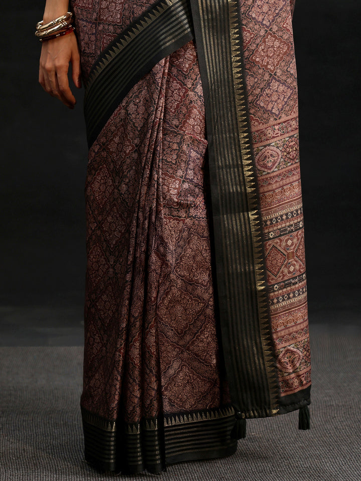 Libas Black Floral Foil Printed Silk Blend Saree