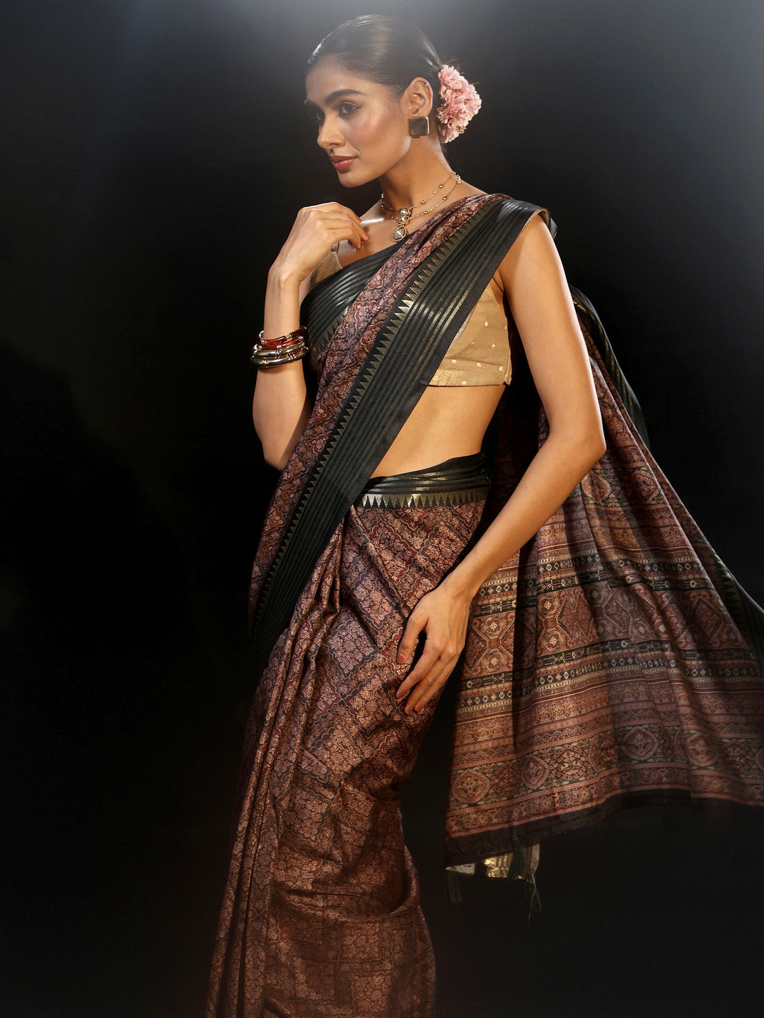 Libas Black Floral Foil Printed Silk Blend Saree
