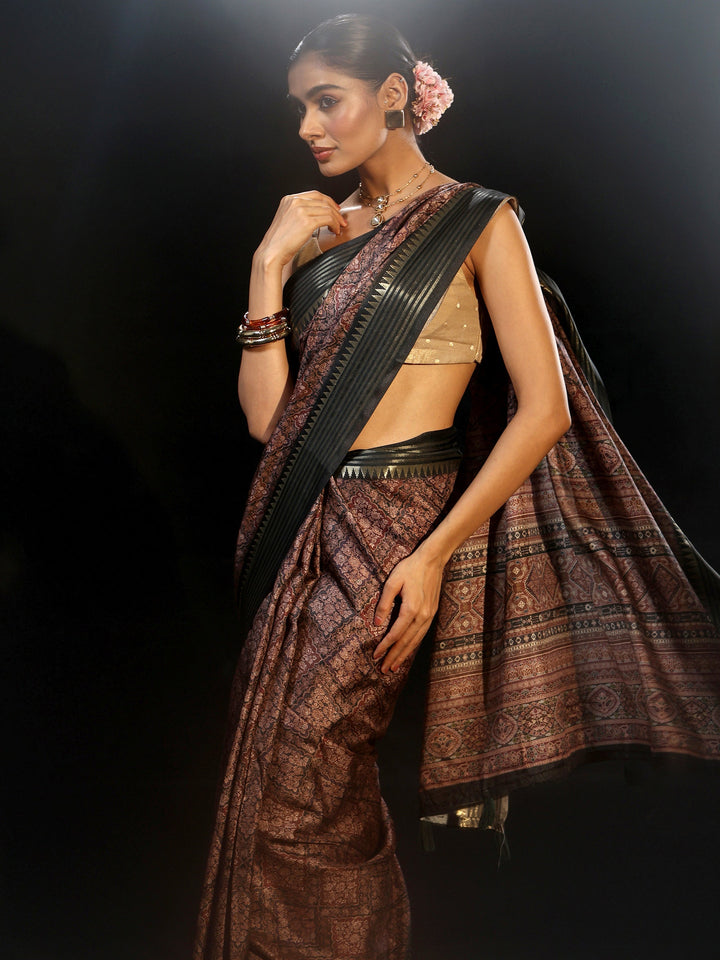 Libas Black Floral Foil Printed Silk Blend Saree