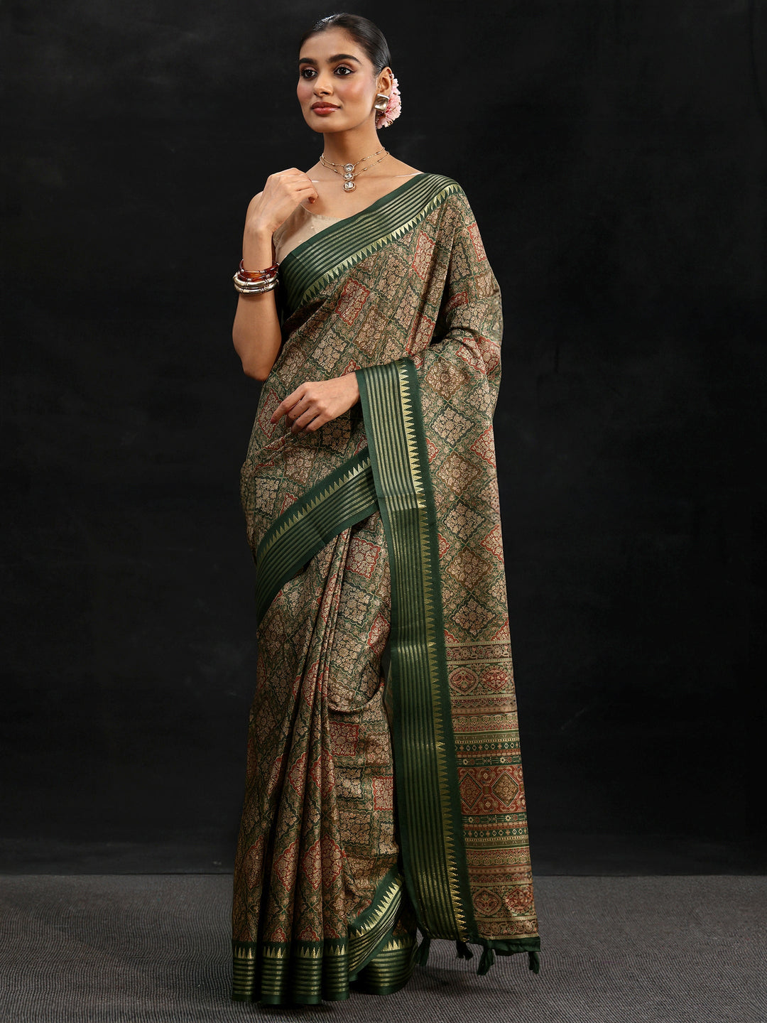 Libas Green Floral Foil Printed Silk Blend Saree
