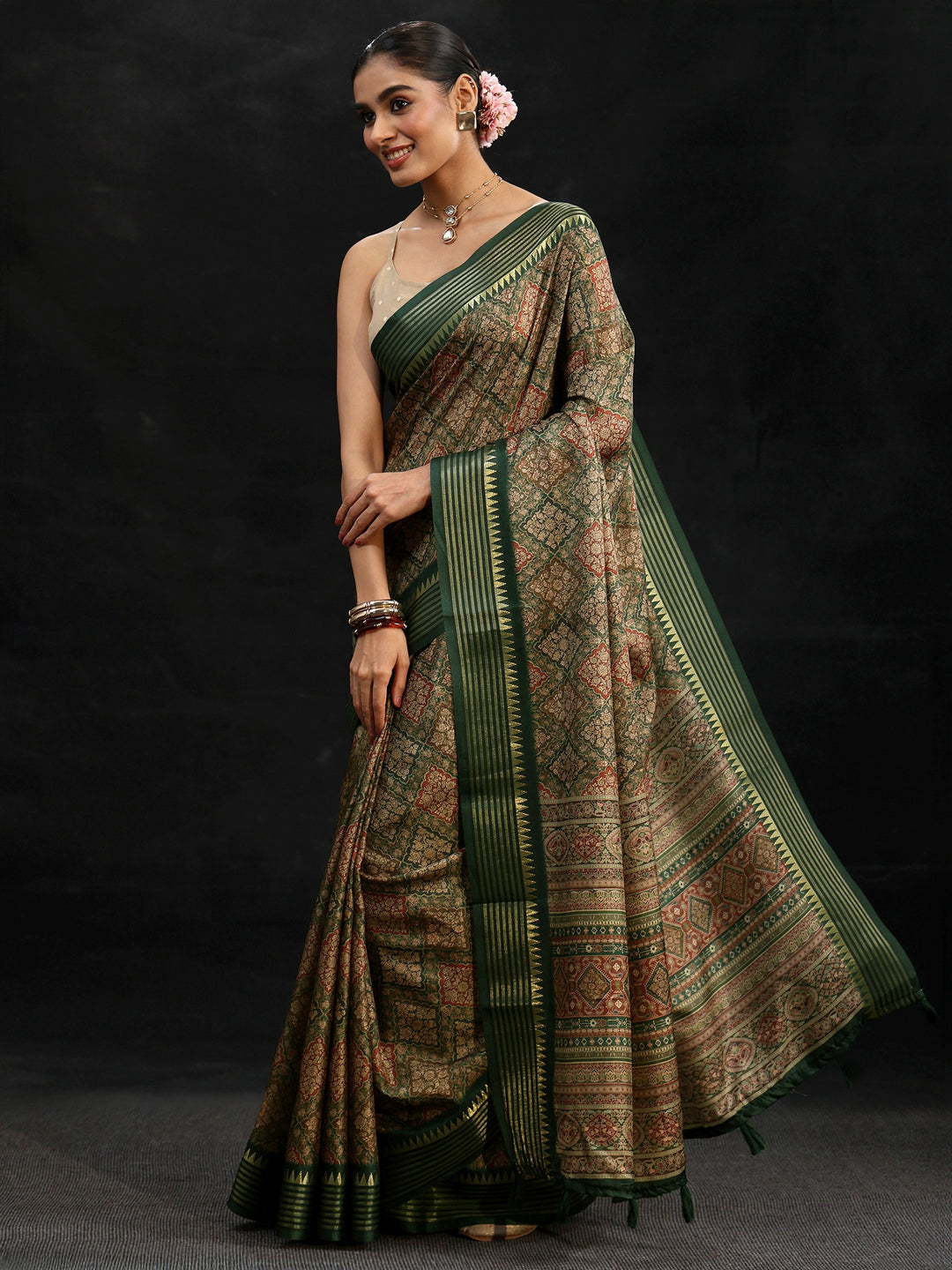 Libas Green Floral Foil Printed Silk Blend Saree