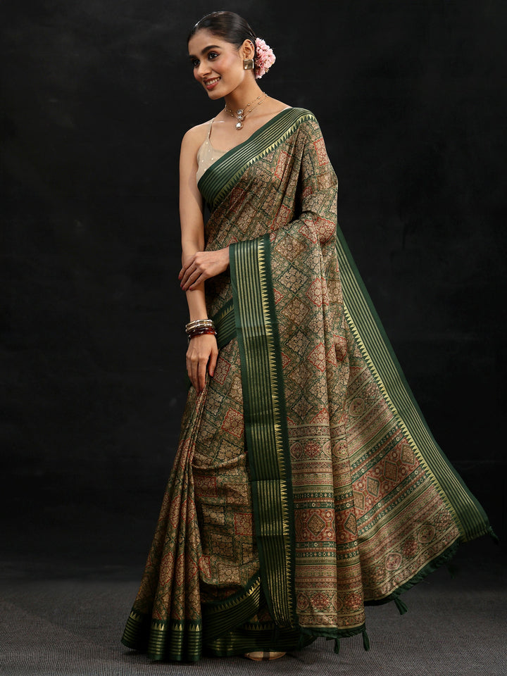Libas Green Floral Foil Printed Silk Blend Saree