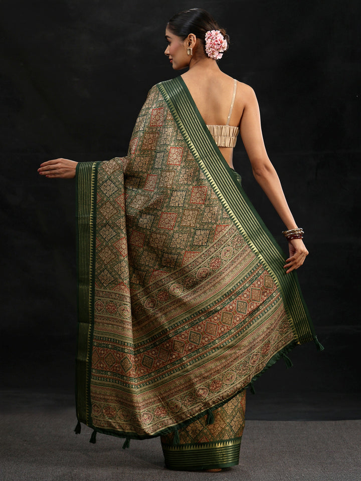 Libas Green Floral Foil Printed Silk Blend Saree