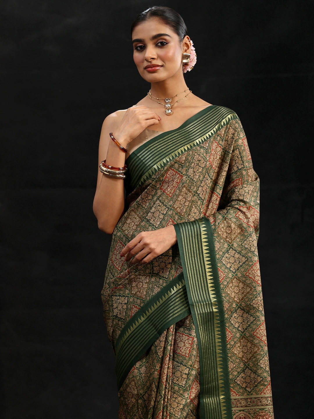 Libas Green Floral Foil Printed Silk Blend Saree
