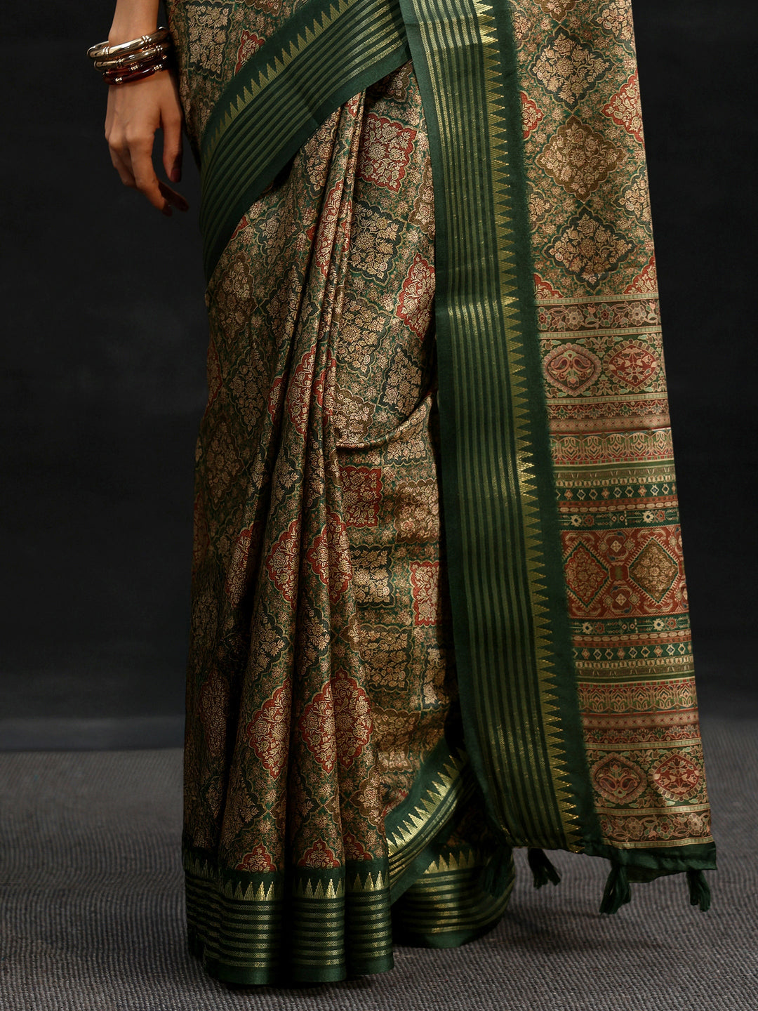 Libas Green Floral Foil Printed Silk Blend Saree