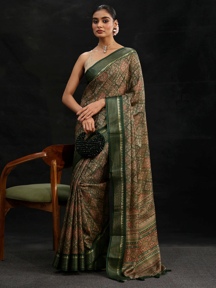 Libas Green Floral Foil Printed Silk Blend Saree