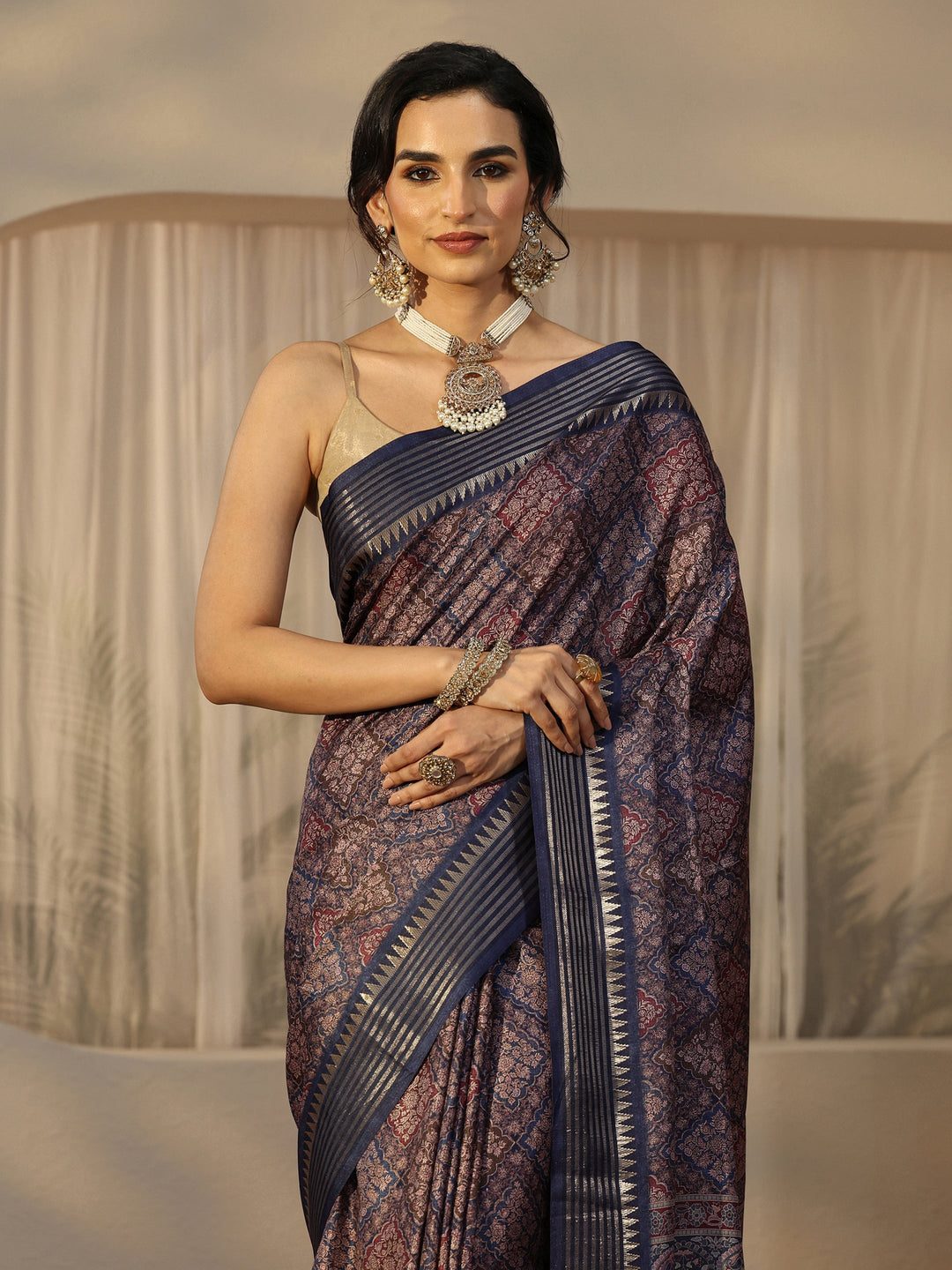 Libas Navy Floral Printed Silk Blend Saree with Temple Border