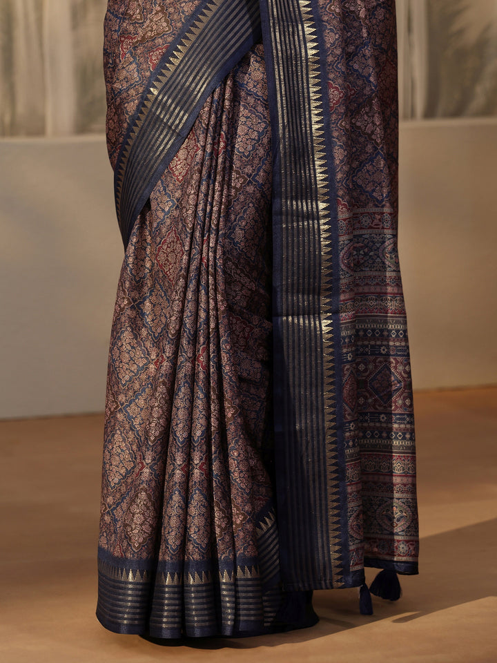 Libas Navy Floral Printed Silk Blend Saree with Temple Border