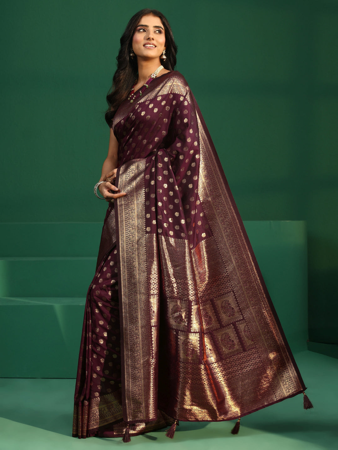 Libas Wine Red Banarasi Silk Blend Saree