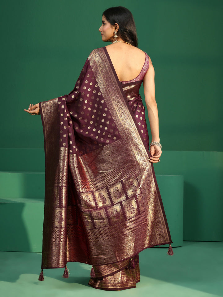 Libas Wine Red Banarasi Silk Blend Saree