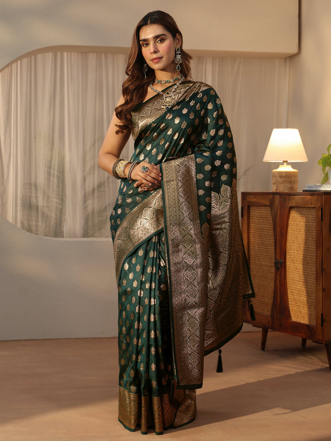 Libas Forest Green Banarasi Silk Blend Saree