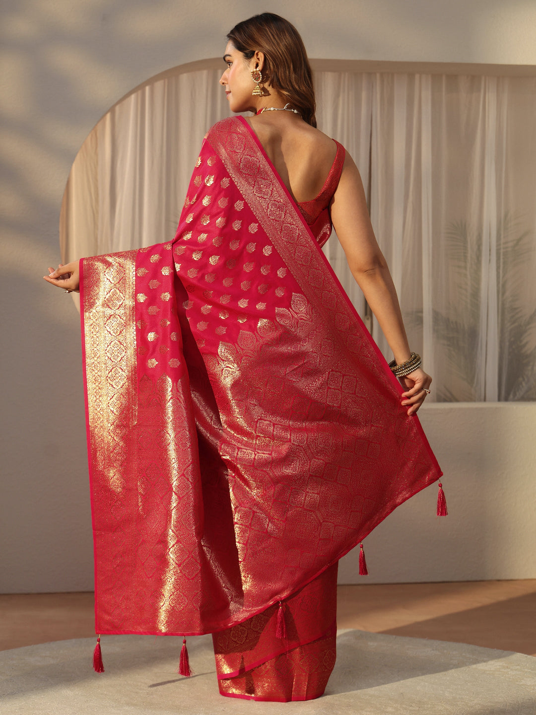 Libas Hot Pink Banarasi Silk Blend Saree