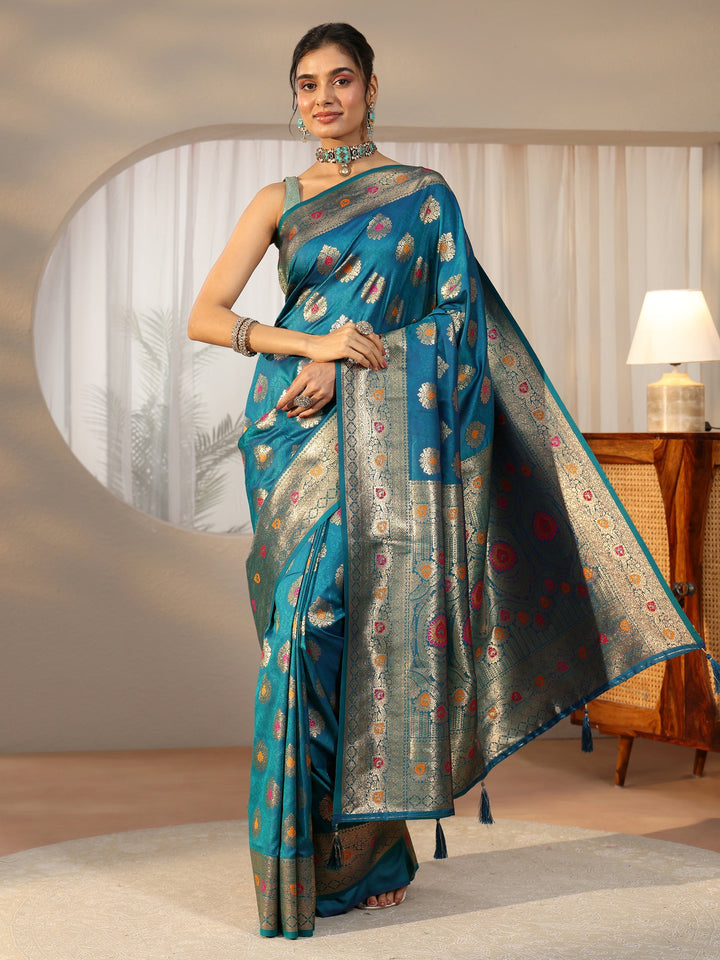 Libas Teal Blue Banarasi Silk Blend Saree