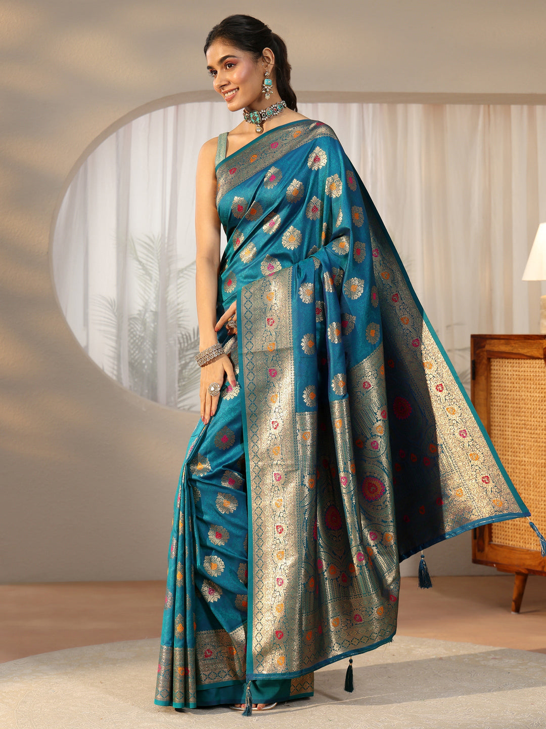 Libas Teal Blue Banarasi Silk Blend Saree