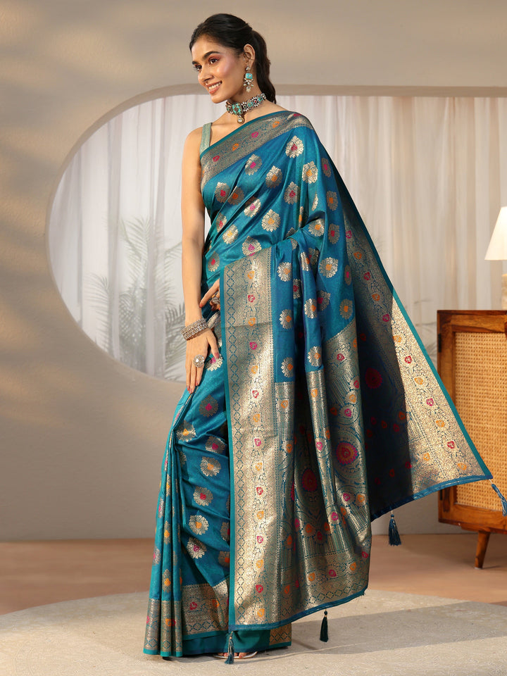 Libas Teal Blue Banarasi Silk Blend Saree