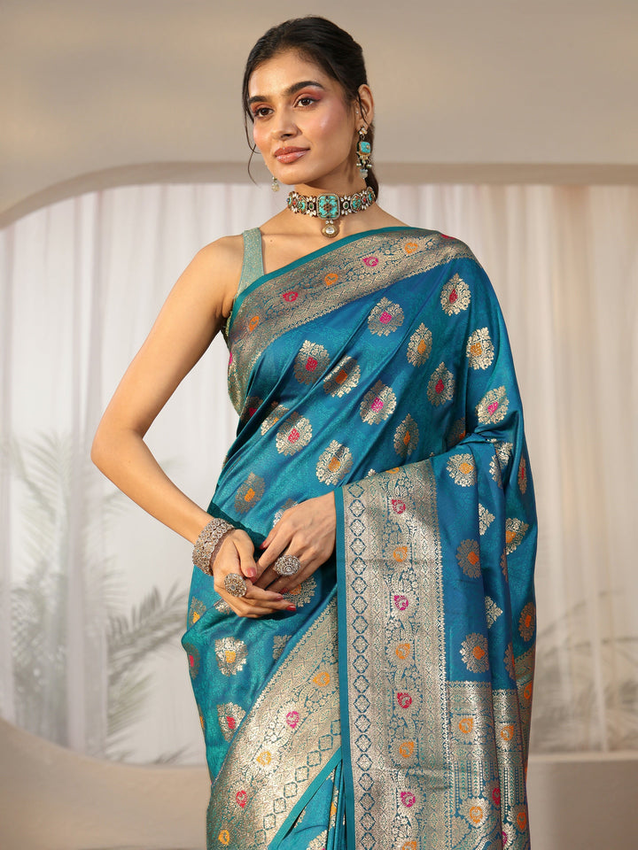 Libas Teal Blue Banarasi Silk Blend Saree
