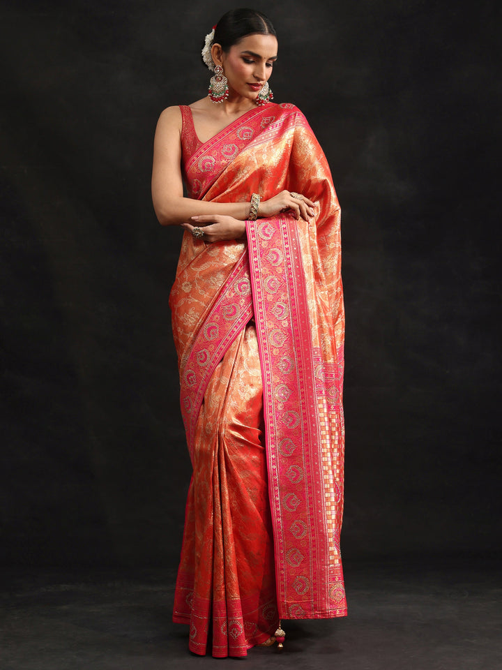 Libas Orange Woven Design Silk Blend Saree with Embellished Border