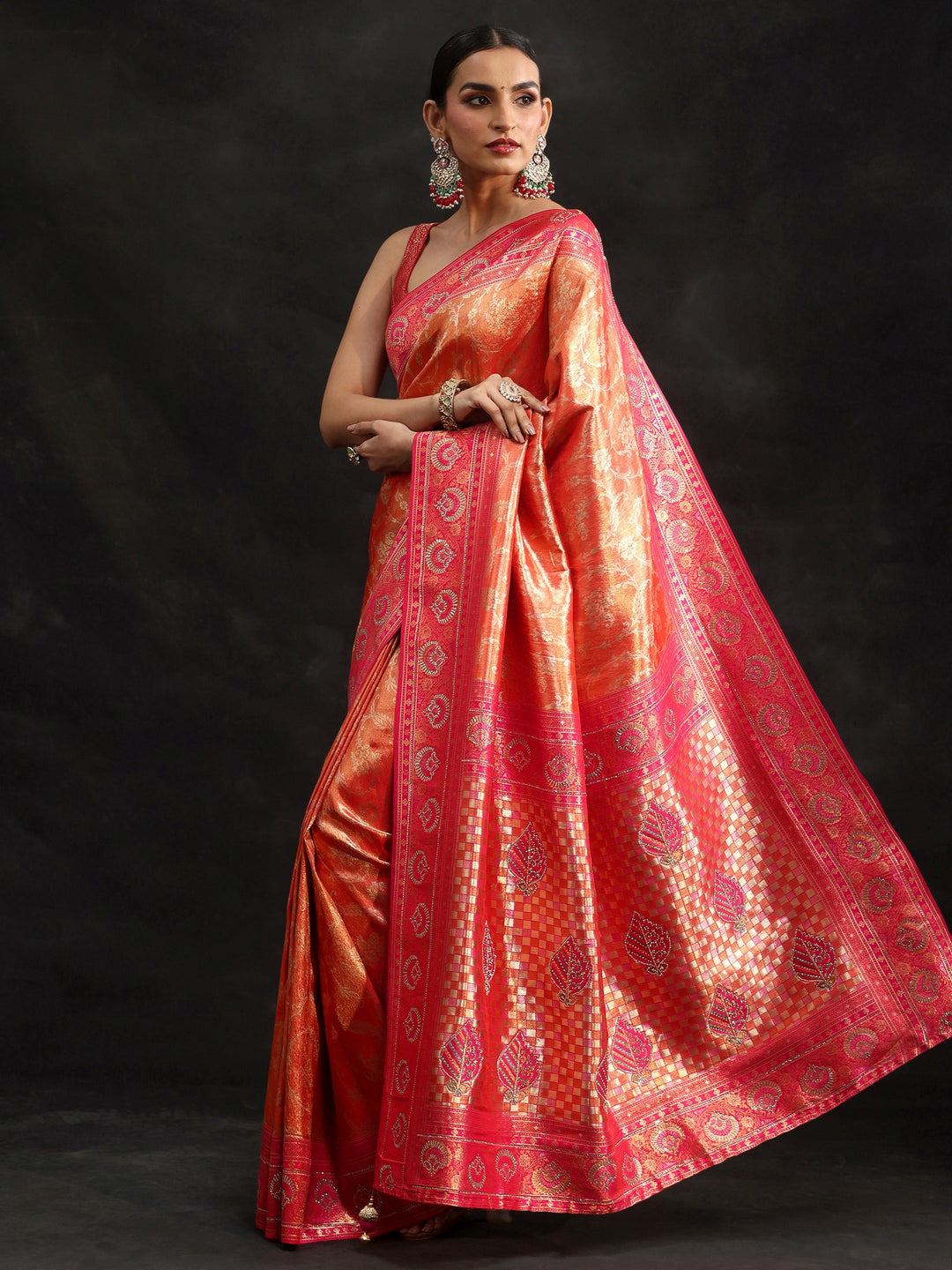 Libas Orange Woven Design Silk Blend Saree with Embellished Border