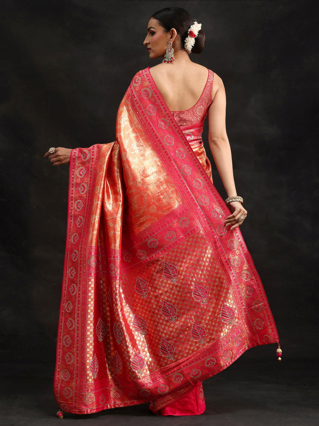 Libas Orange Woven Design Silk Blend Saree with Embellished Border
