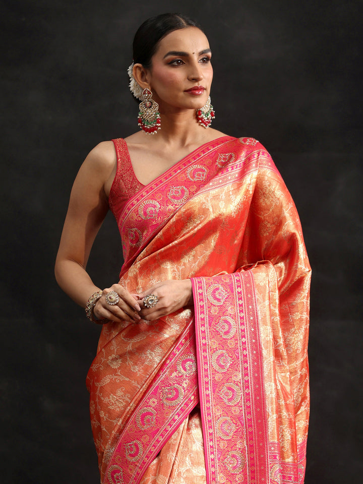 Libas Orange Woven Design Silk Blend Saree with Embellished Border