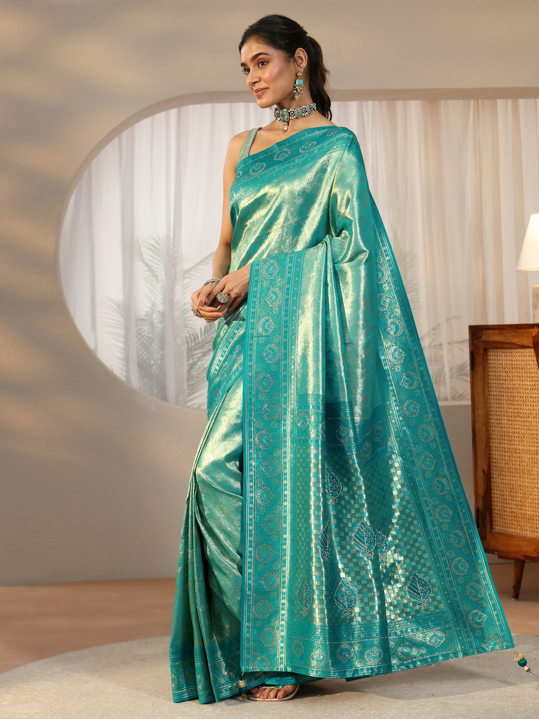 Libas Sea Green Floral Woven Silk Blend Saree