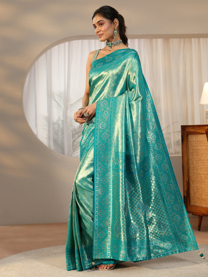 Libas Sea Green Floral Woven Silk Blend Saree