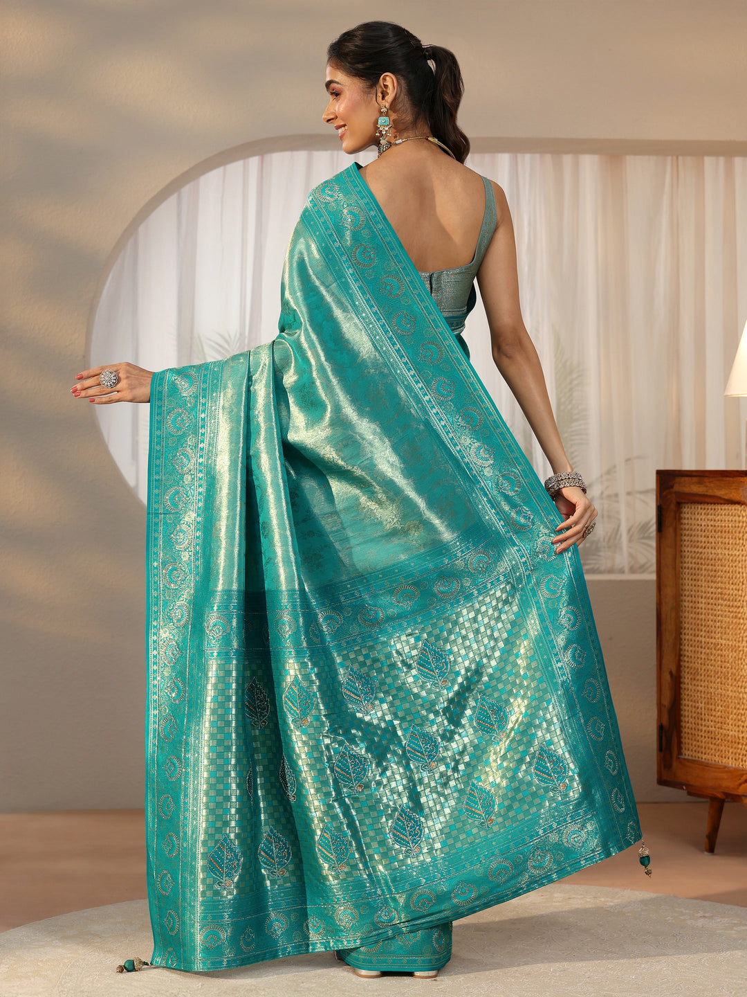 Libas Sea Green Floral Woven Silk Blend Saree