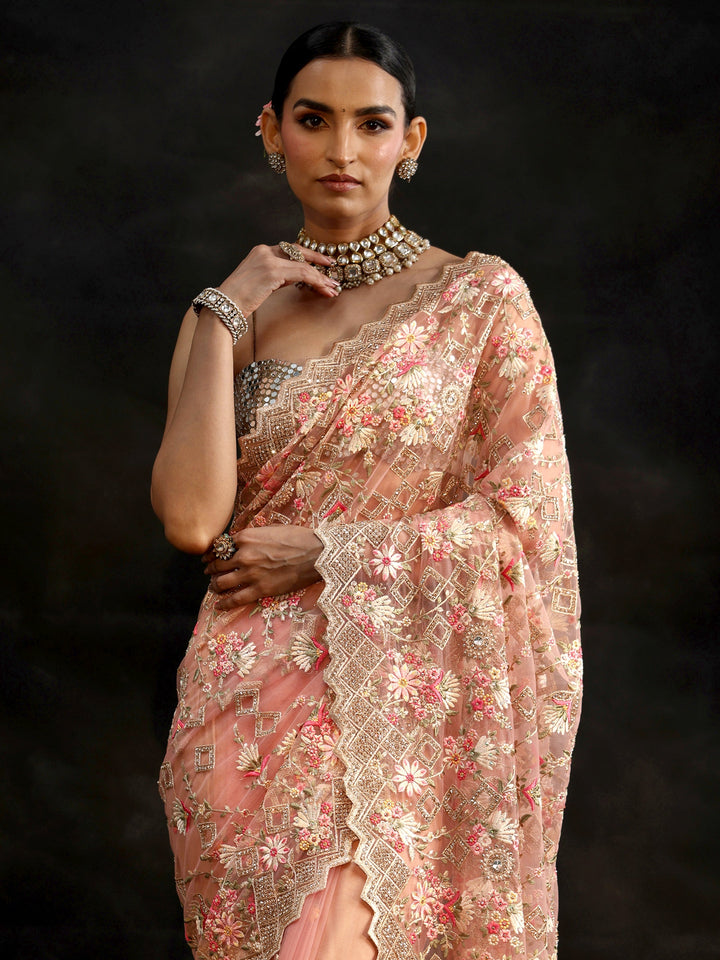 Libas Peach Pink Floral Embellished Net Saree
