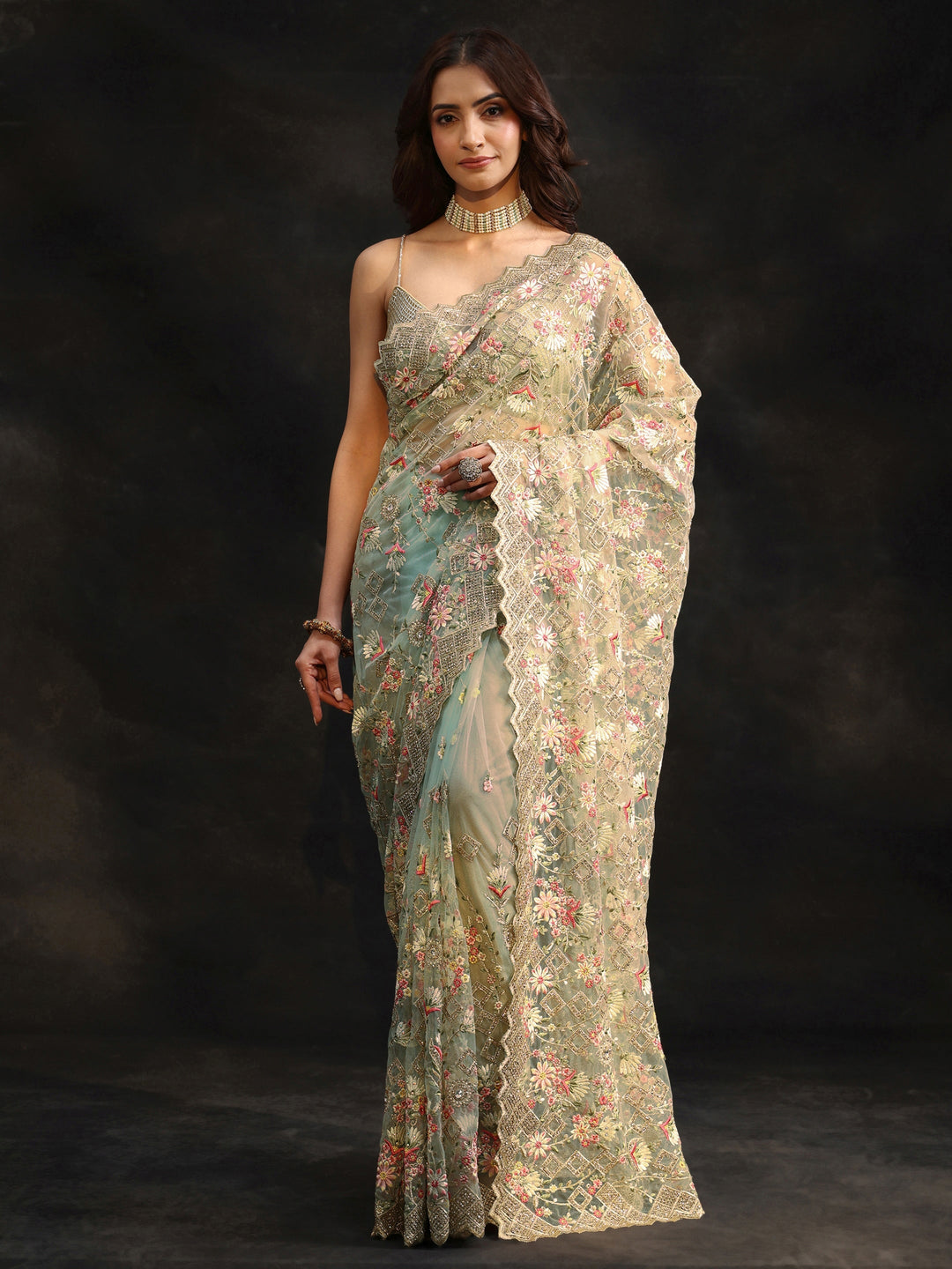 Libas Ice Blue Floral Embellished Net Saree