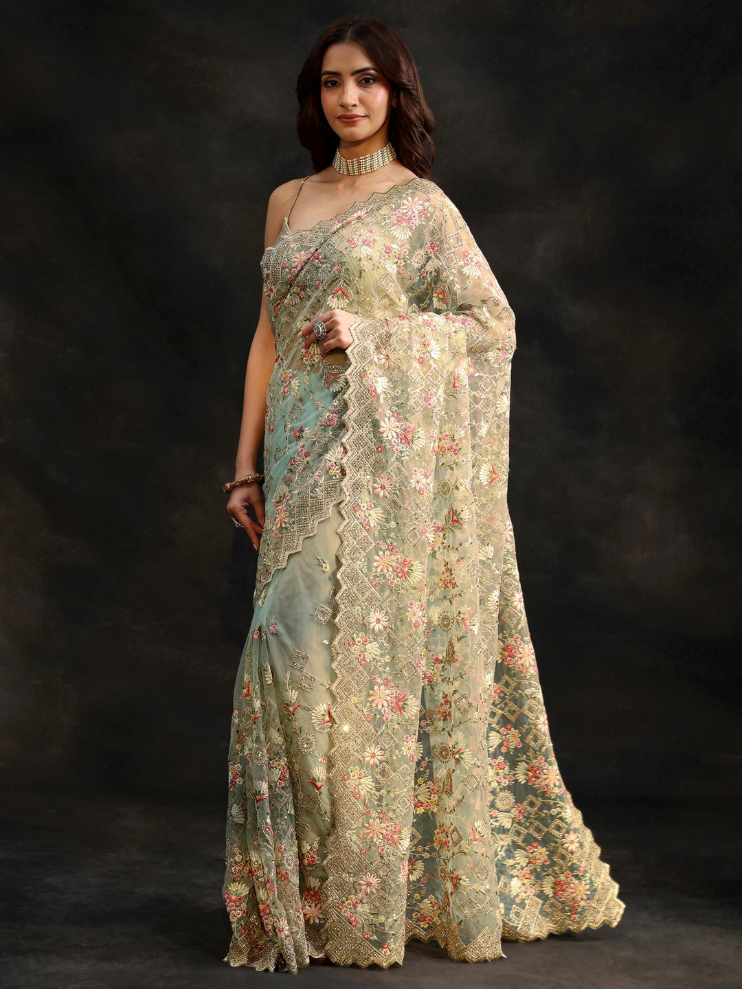 Libas Ice Blue Floral Embellished Net Saree