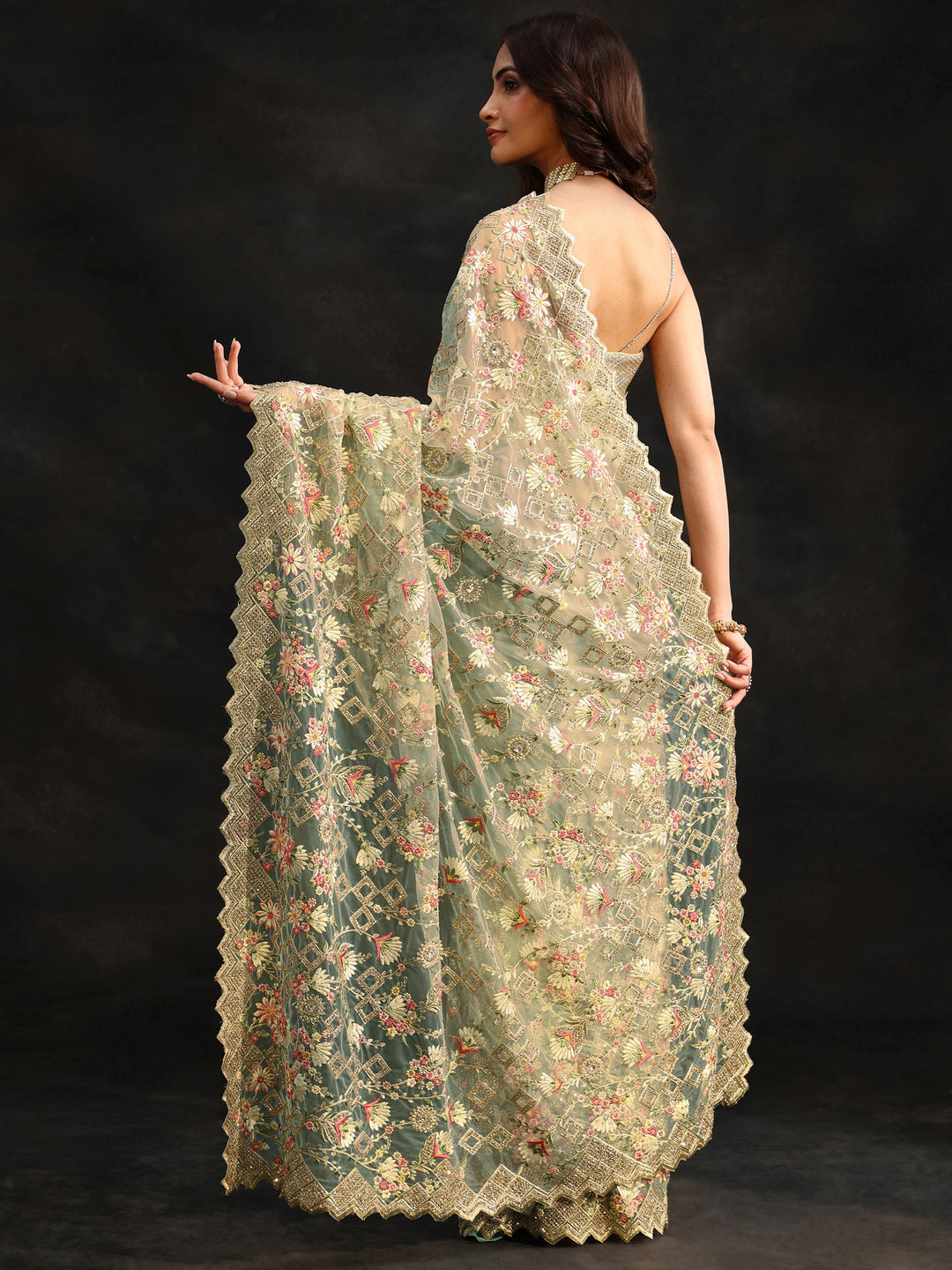 Libas Ice Blue Floral Embellished Net Saree