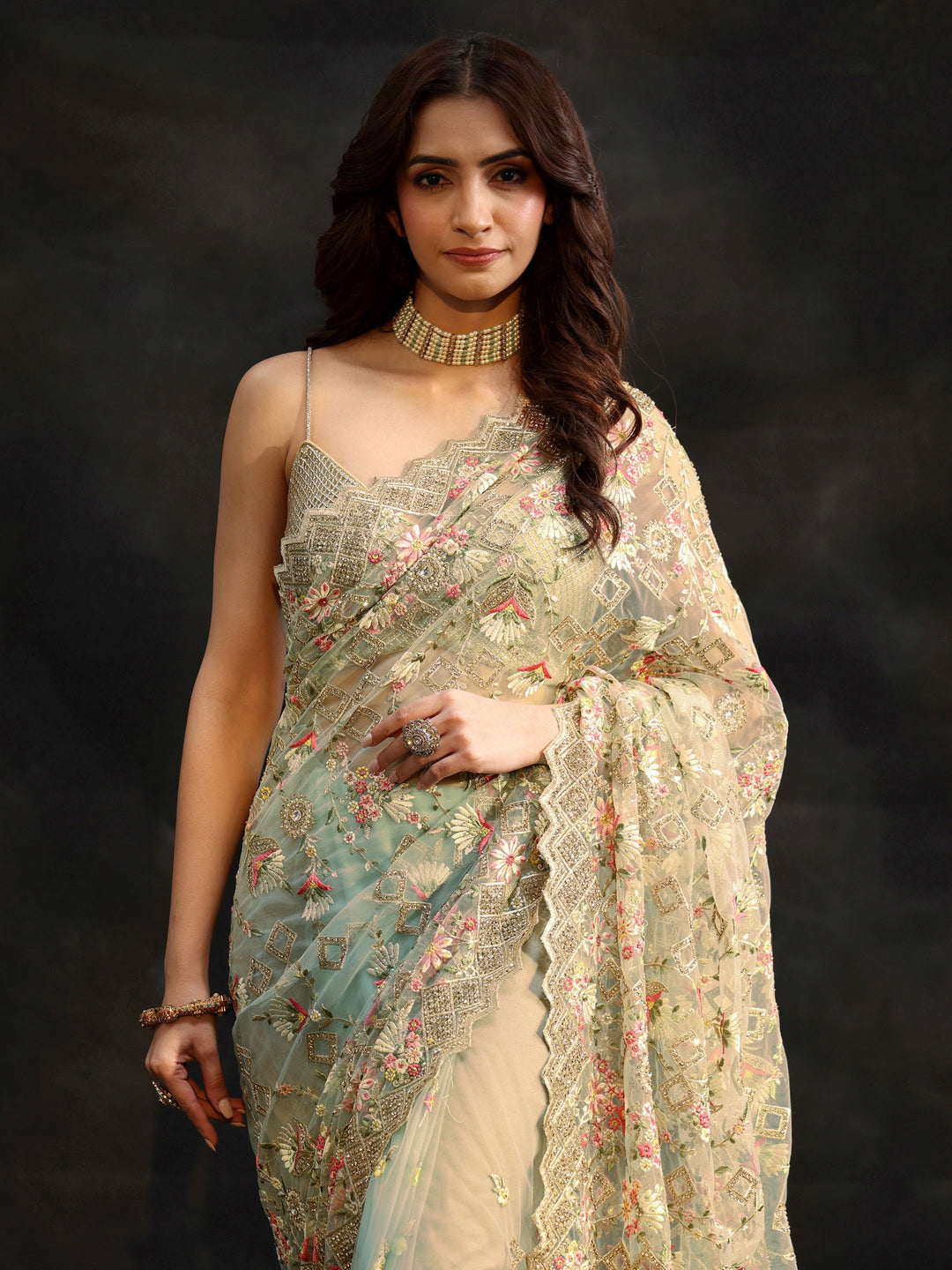 Libas Ice Blue Floral Embellished Net Saree