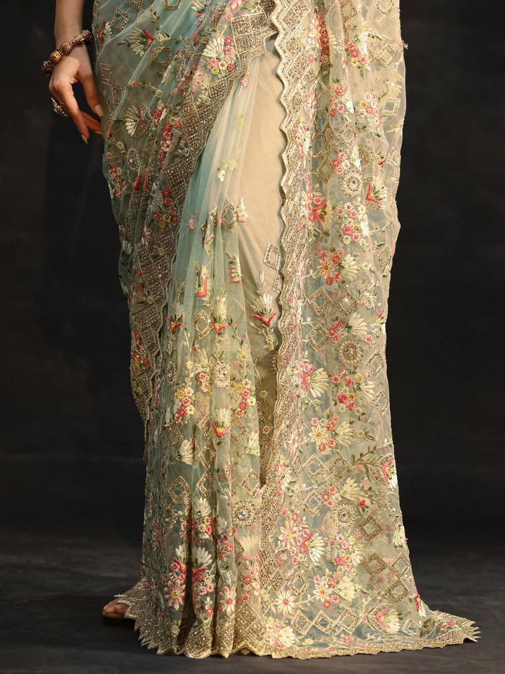 Libas Ice Blue Floral Embellished Net Saree