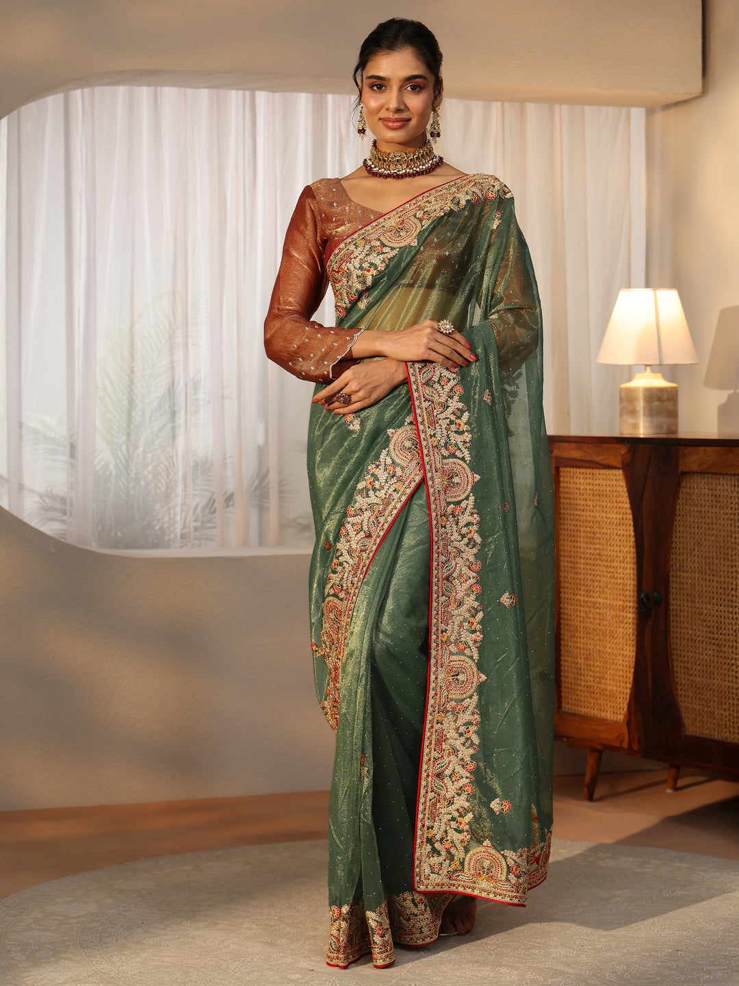 Libas Olive Green Floral Embroidered Net Saree