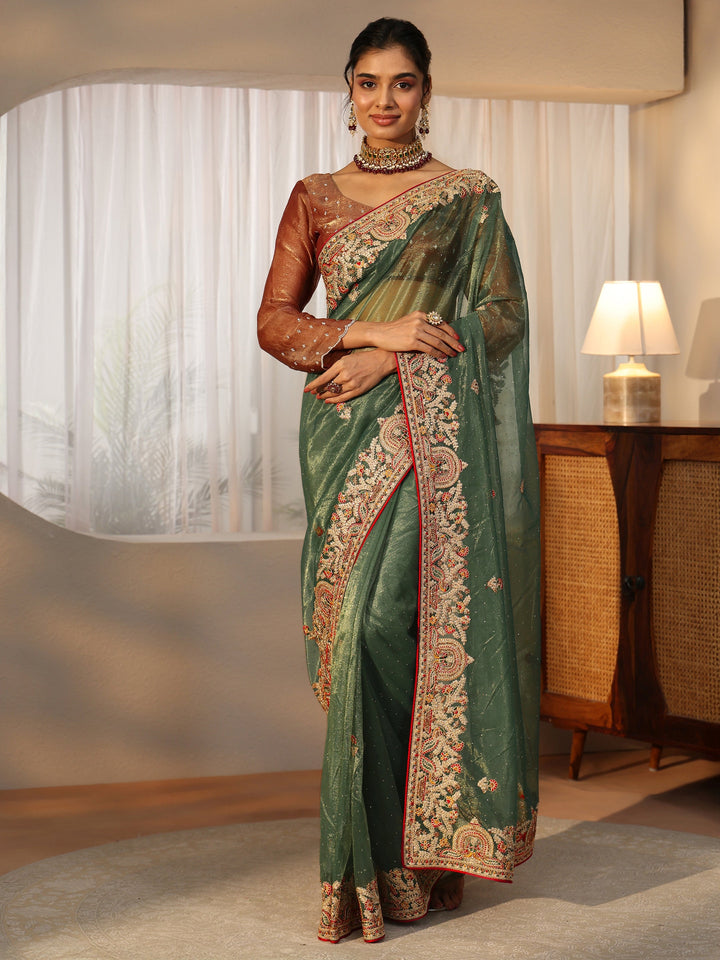 Libas Olive Green Floral Embroidered Net Saree