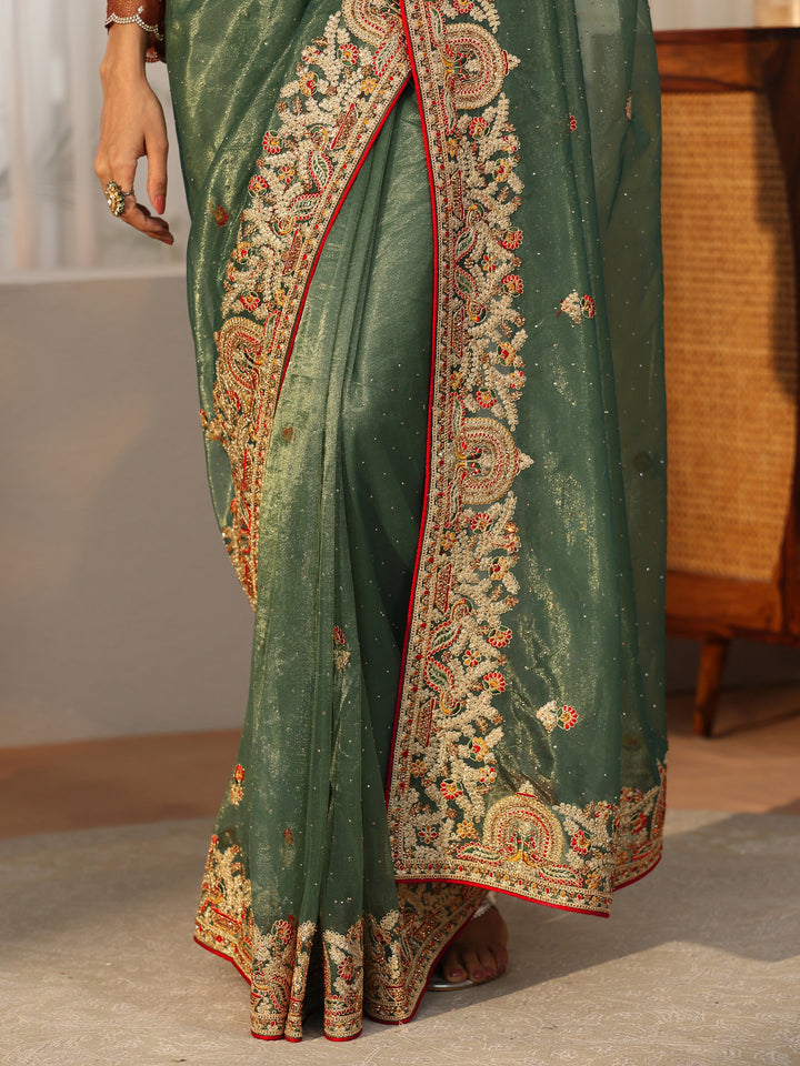 Libas Olive Green Floral Embroidered Net Saree