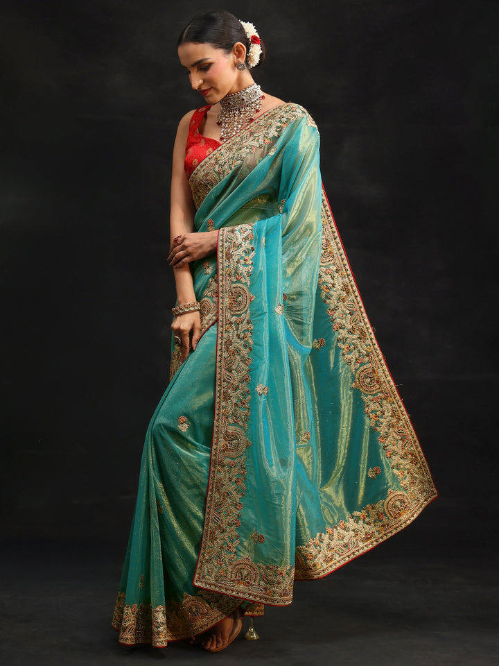 Libas Aqua Blue Floral Embroidered Net Saree