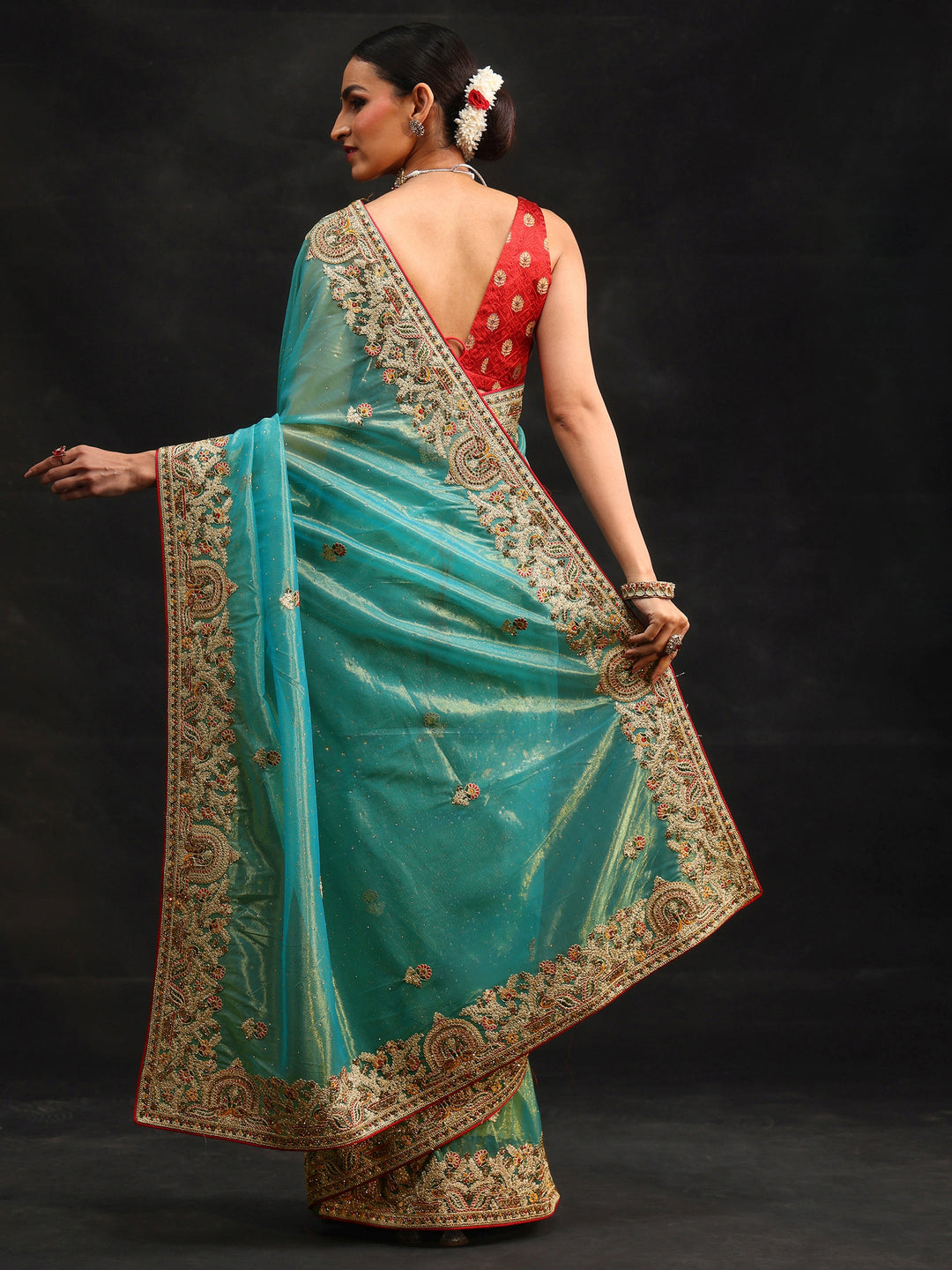Libas Aqua Blue Floral Embroidered Net Saree