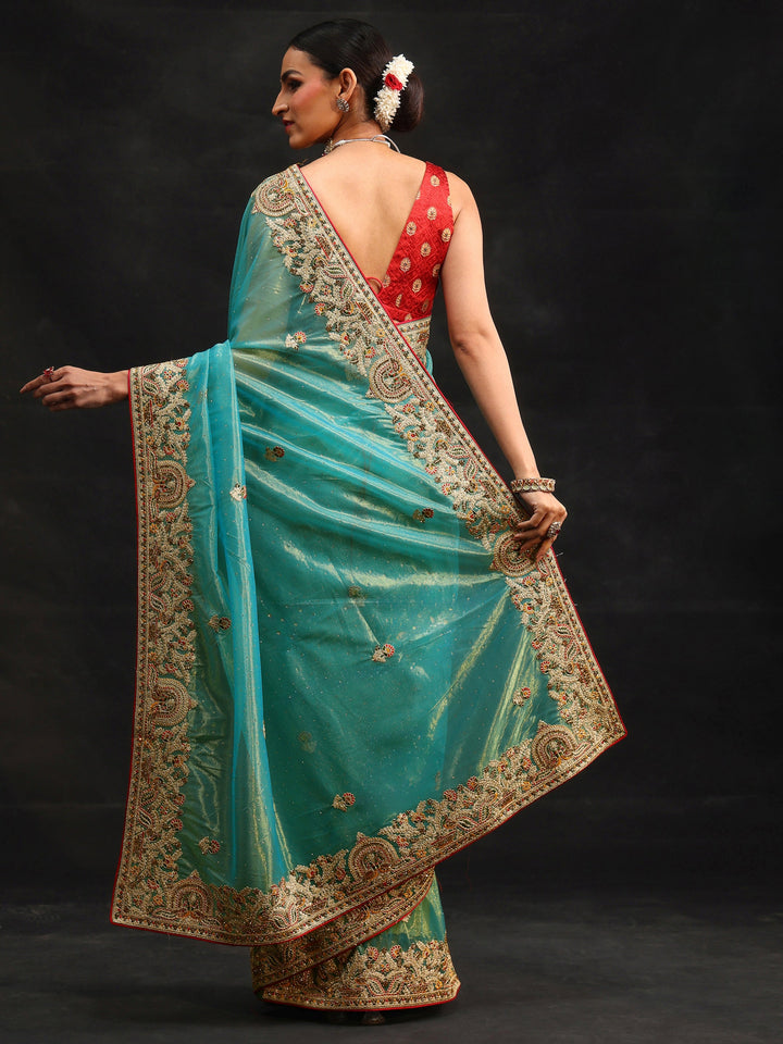 Libas Aqua Blue Floral Embroidered Net Saree