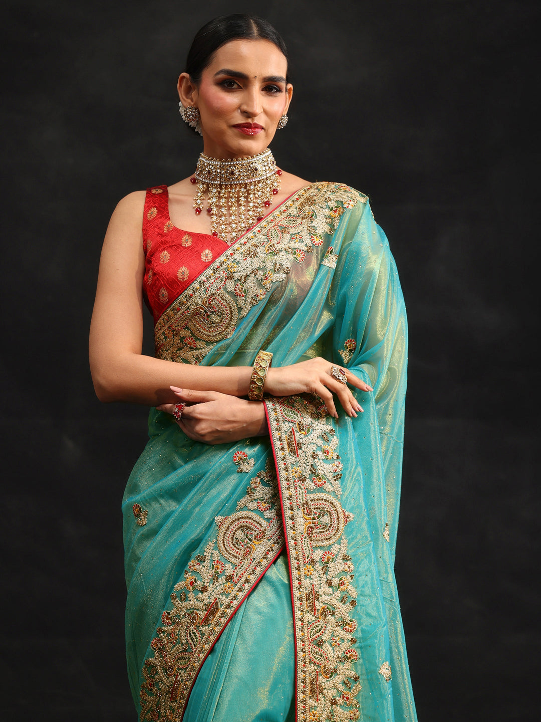 Libas Aqua Blue Floral Embroidered Net Saree