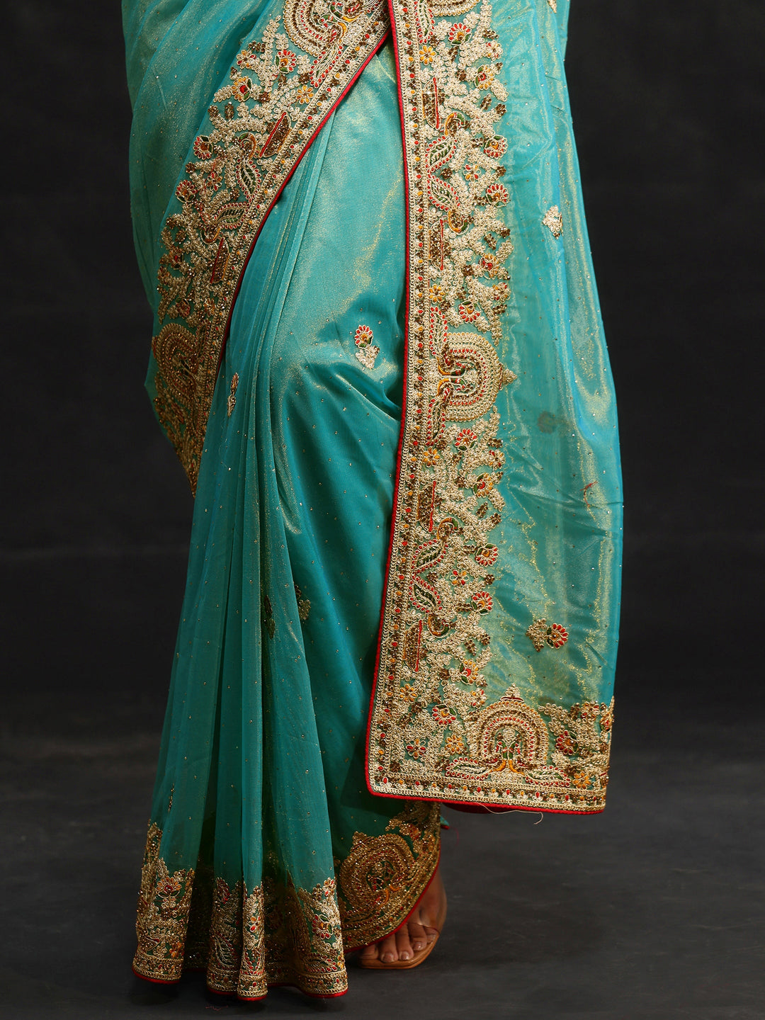Libas Aqua Blue Floral Embroidered Net Saree